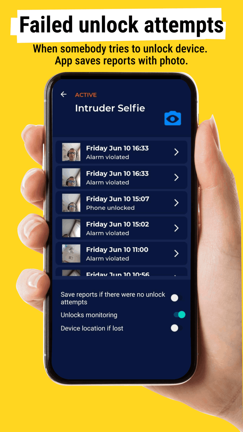 Failed unlock attepmts - The reports can be viewed inside the application in the Intruder Selfie reports tab. 